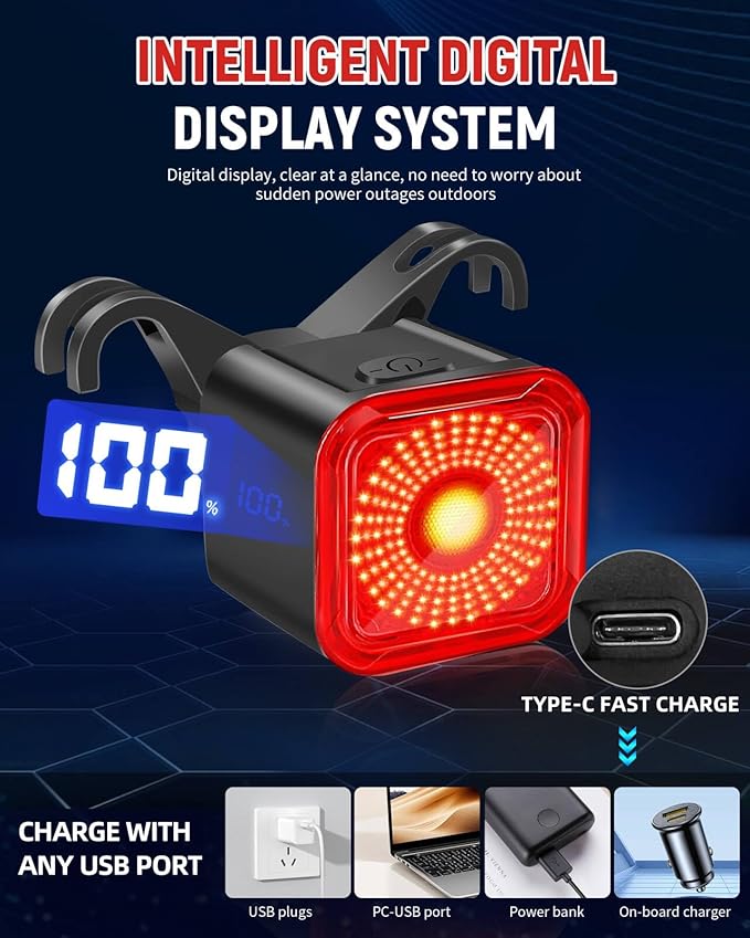 DARKBEAM Bike Tail Light with LED Display Screen, USB-C Rechargeable 6 Light Modes, IP55 Waterproof Bicycle Taillight for Night Riding, Super Bright Rear Bike Light for Road Mountain, Cycling