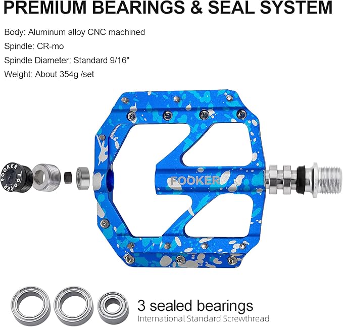 FOOKER Bike Pedals Non-Slip Aluminum Alloy MTB Mountain Bike Pedals 3 Bearing 9/16" for Road BMX MTB Bikes