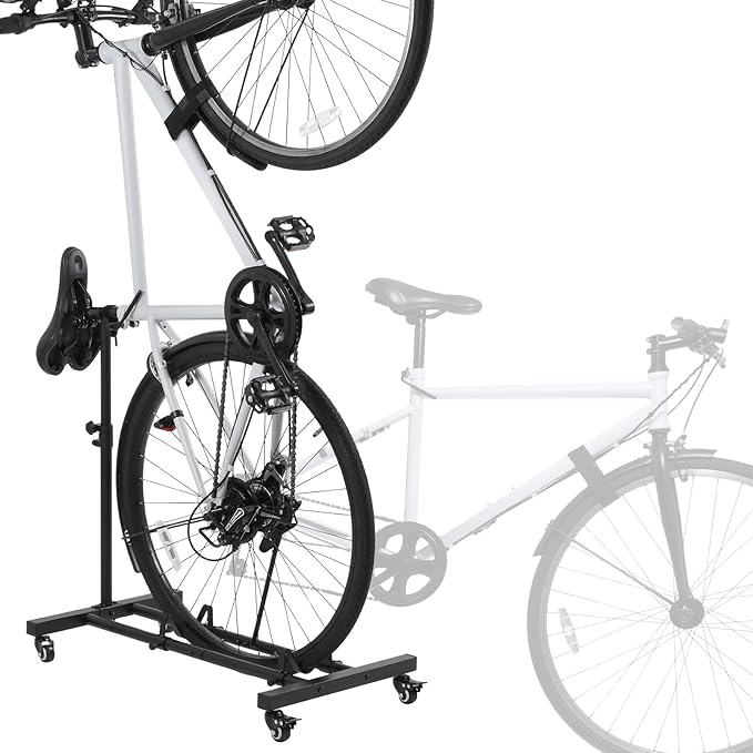 Japard Vertical Bike Stand with Wheels, Freestanding Indoor Bike Storage Rack Upright Bicycle Floor Stand with Adjustable Height for Garage - Wheels Sizes up to 29”