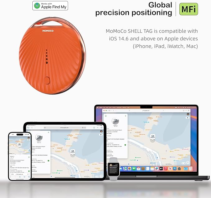 MoMoCo GPS Tracker – iOS Only No Subscription Required, Portable Real-Time GPS Tracking Device for Dogs,Compatible with Apple Find My, Location Tracker for Vehicles/Keys/Luggage (Orange+Black)