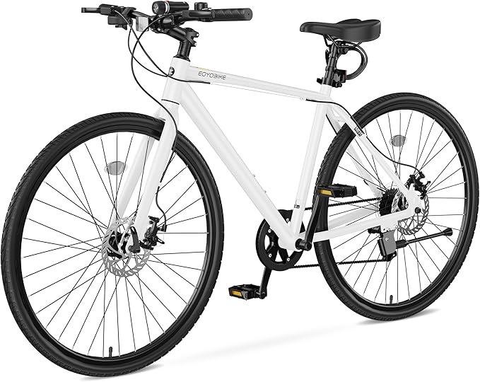 MOPHOTO Hybrid Bike for Adults, 700C City Commuter Bicycle, Lightweight Aluminum Frame, 8-Speed Urban Fitness Bike for Men&Women, Dual Disc Brakes, Upright Flat Handlebar, LED Headlight & Reflectors