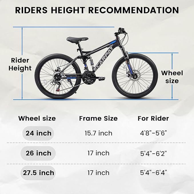 Ecarpat 24/26/27.5 Inch Mountain Bike, Full/Front Suspension Mens Boys Mountain Bike with 21 Speed Steel Frame and Dual Disc Brakes, Adult Sport Bicycle for Trail City Road, Gift Choice