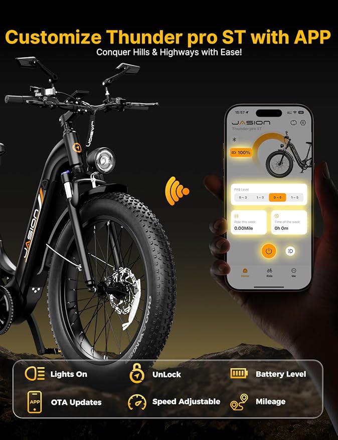 Jasion Thunder/PRO/ST Electric Bike,2000W/1800W Peak Ebikes for Adults,26''Fat Tire Best Ebike for Men,90/80 Miles with 1040Wh/864Wh Battery,35/30+MPH Max Speed Bicycles,500/400LB Capacity