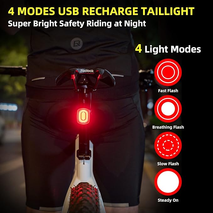 ROCKBROS Smart Bike Tail Light Brake Sensing Bicycle Rear Lights USB Rechargeable IPX6 Waterproof Bright LED Bike Light 260mah Cycling Safety Road BikeTaillight Accessories 4 Modes