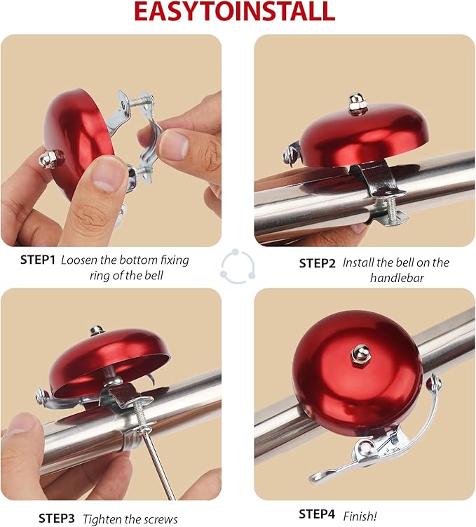 Bike Bell for Adults – Loud and Clear Sound, Classic Metal Design, Easy to Install, Suitable for Bicycles with Darker Colors, Mountain Bikes, Road Bikes, and Scooters (Red)