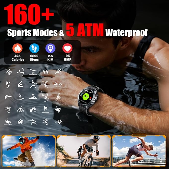 Military Smart Watch for Men Built-in GPS with LED Flashlight Compass, 1.43" AMOLED Display 5ATM Waterproof Fitness Tracker with Heart Rate/Sleep/Blood Oxygen, Watches for Android/iPhone, Black