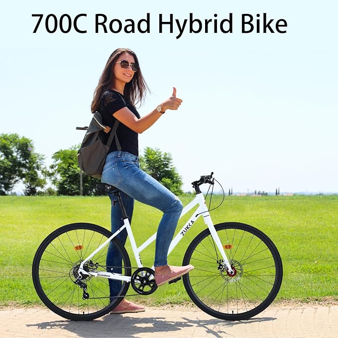 700C Road Hybrid Bike City Commuter Bicycle with 7 Speed/Front and Rear Disc Brakes/Steel Frame for Men Women Adult Available in A Variety of Colors