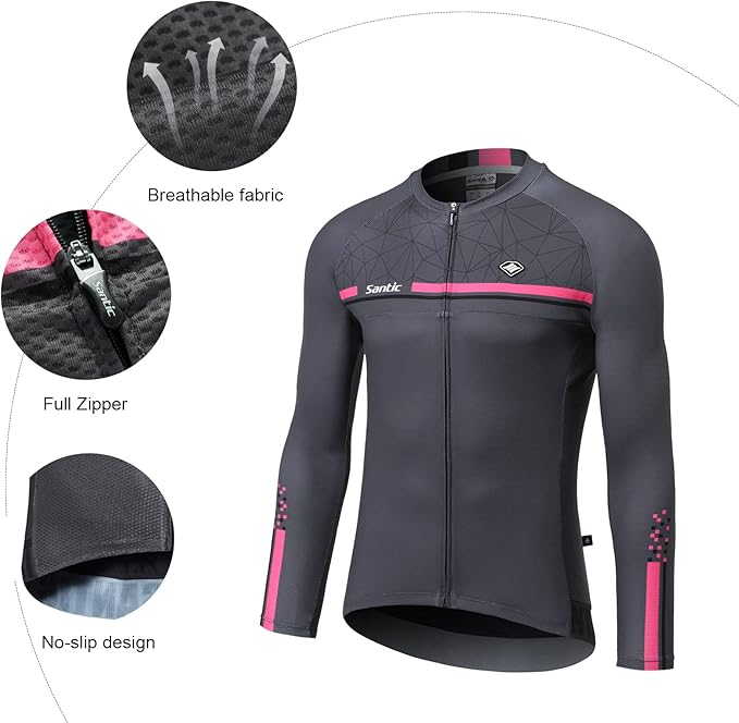 Santic Cycling Jersey Men's Long Sleeve Bike Reflective Full Zip Bicycle Shirts with Pockets