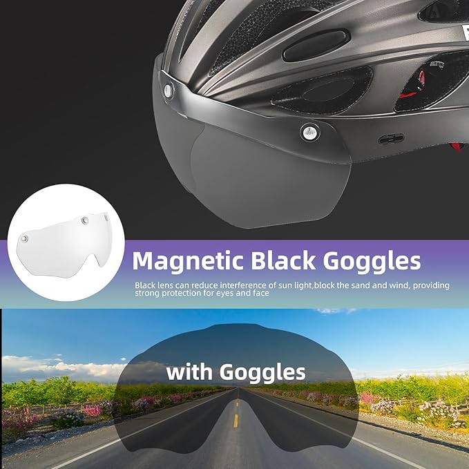 ROCKBROS Bike Helmet for Adult Men Women with Suggested Fit 58-65cm, Detachable Magnetic Goggles & Sun Visor, Lightweight with Adjustable Side and Chin Strap, Suitable for Myopia Glasses