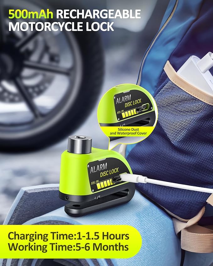 ONVIAN Rechargeable Motorcycle Lock with 6FT Steel Wire Anti-Theft Cable, for 7mm Pin Ebike Electric Scooter Motorcycle Helmet Wheel Disc Brake Lock(Lemon Yellow)