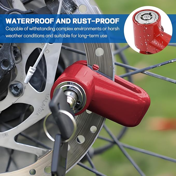 Motorcycle Disc Brake Lock, Anti-Theft Motorbike Security Wheel Disc Brake Lock with Two Keys, Safety Wheel Disk Locks for Scooter Mountain Road Bike Bicycle Powersports (Red with Bracket)