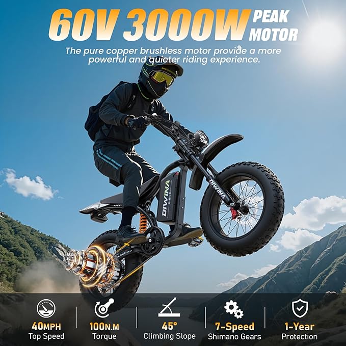 Electric Bike for Adults-3000W/5000W Peak, 60V 32/36AH Battery, 40/45MPH 100 Miles Long Range Ebike, Fat Tire 20Inch, 7-Speed Hydraulic Brake, Electric Dirt Bike Snow Commuter