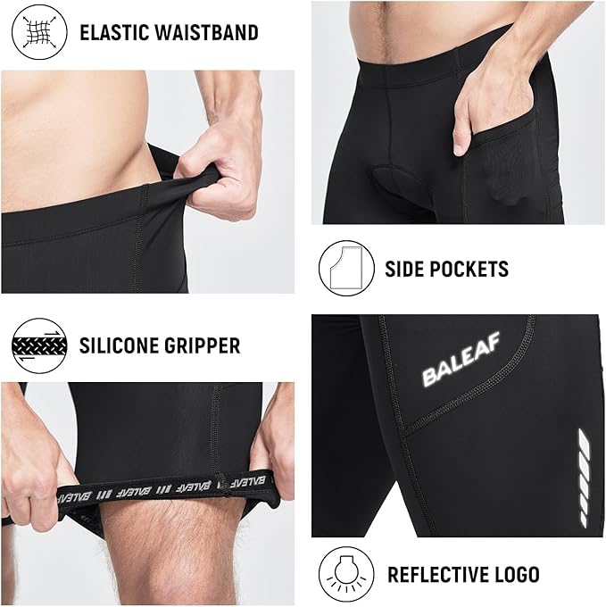 baleaf Men's Padded Bike Shorts Cycling Road Biking Riding Bicycle Cycle Wear Pockets UPF 50+ MTB Accessories Tights