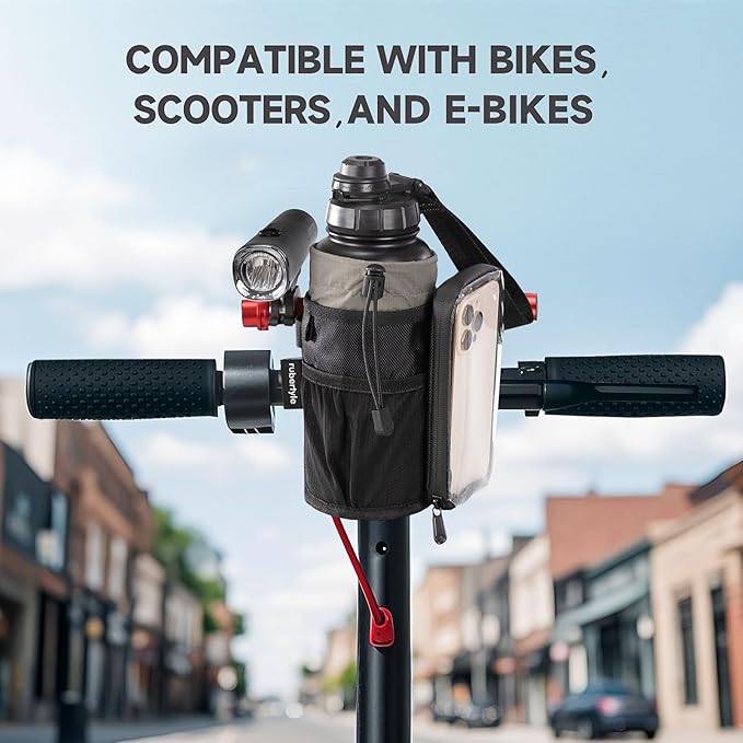 Bike Water Bottle Holder with Mount | Fits Motorcycles, Strollers, Scooters, Wheelchairs | Waterproof Phone Bag | Mount Support More Bike Devices | Holds 3.6in Diameter Bottles (1, Black)