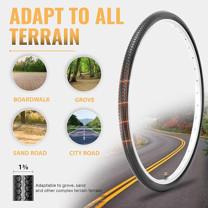 Hycline 26X1 3/8 Bike Tire Set: 2-Pack (37-590) Folding High-Density Bicycle Tires with Schrader Tubes & Tire Levers – Fits Vintage 26×1 3/8 City/Commuter Bikes