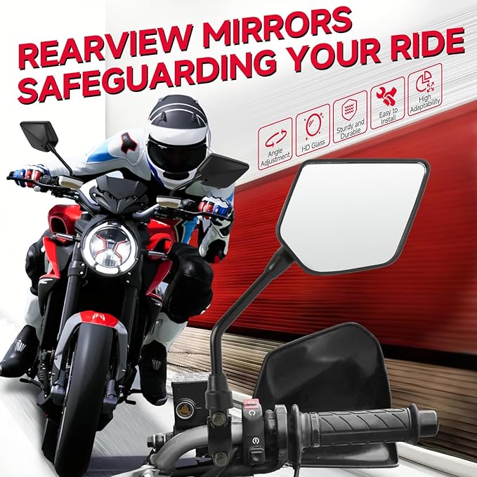 DREAMIZER Motorcycle Rear View Mirror - with M8 M10 Threaded Bolts, 7/8" Handlebar Mirror Mount Compatible with Motorcycle Scooter Moped Polaris Sportsman ATV Dirt Bike Cruiser