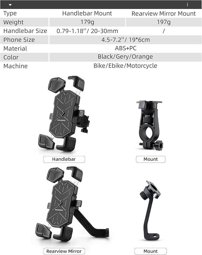 ROCKBROS Motorcycle Phone Holder Mount, 4.5-7.1 inch Smartphones, Quick Release Handlebar Clamp, 360 Rotatable, Anti-Slip Silicone, Easy Installation, Wide Compatibility