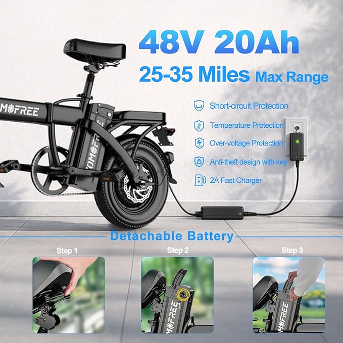 Tomofree Folding Electric Bike for Adults 20-24MPH Peak 750W EBike, 48V 20AH Removable Battery for Electric Bicycles, 40Miles Max Range, 10 Shock Absorbers, 14'' Fat Tire Foldable E-Bike, PAS E Bike