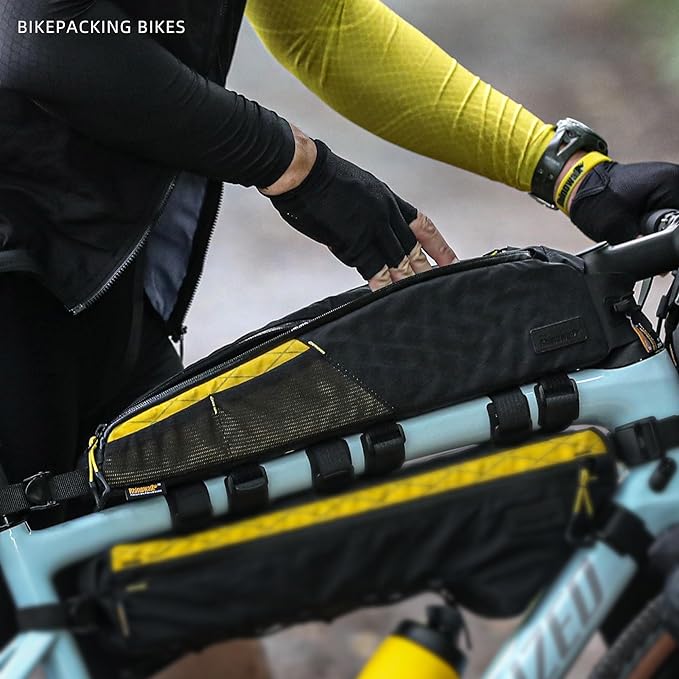Rhinowalk Bike Frame Bag 2.1L, Waterproof Front Tube Bag with Dual Compartments, YKK Zipper, Phone Storage & Cable Port – Fits Most Bikes – Black+Yellow