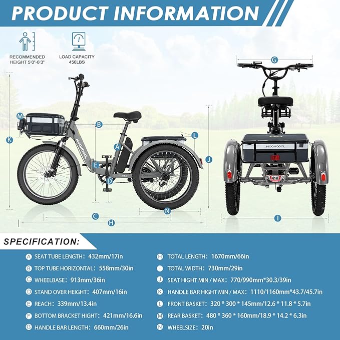 MOONCOOL Folding Electric Tricycle for Adults, 48V 500W 3 Wheels Electric Trike, Aluminum Frame 750W Electric Tricycle Adult Bicycle with Removable Battery, Front and Back Bags