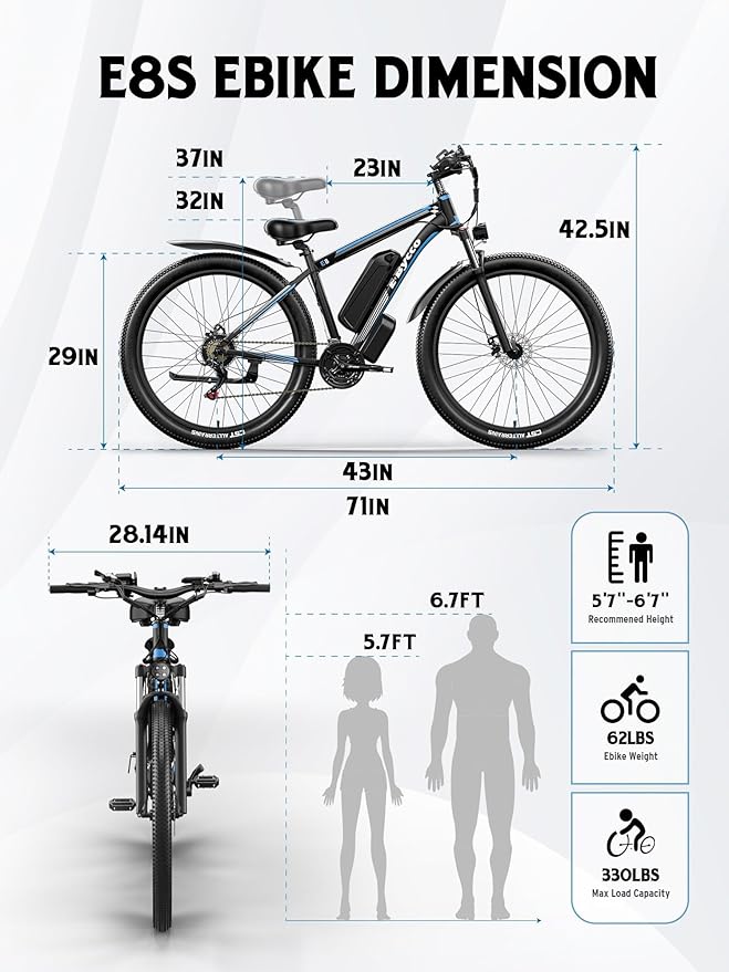 E·Bycco 34 MPH 70 Miles Long Range 1000W Electric Bike for Adults – 29" Tire 48V 17.5Ah Removable Battery, 21 Speed, Fast City Commuter Pedal Assist E-Bike for Snow Sand, E8