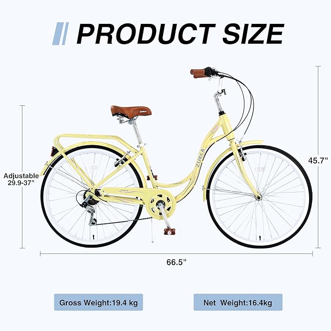 ZUKKA Beach Cruiser Bike for Women 24/26 Inch Ladies Bike 7 Speed Complete Cruiser Bikes with Dual V-Brake and Adjustable Seat, Adult City Bike for Women, Men, Multiple Colors