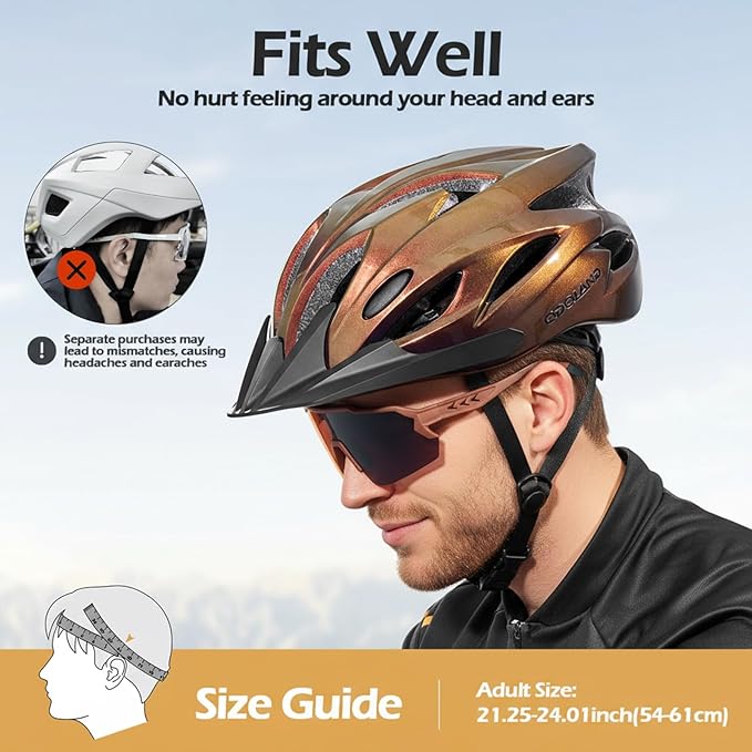 Odoland Adult Bike Helmet and Cycling Sunglasses Set for Men & Women, Safety Certified Bicycle Helmet with UV Protection Glasses for Mountain, Skating, Road, City Commuting & Outdoor Riding
