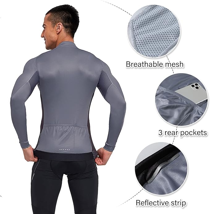 Santic Cycling Jersey Men's Long Sleeve Bike Reflective Full Zip Bicycle Shirts with Pockets