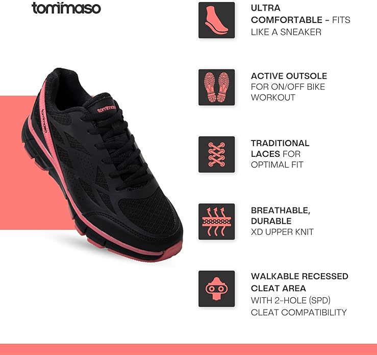 Tommaso Women's Cycling Shoes with Pre-Installed SPD Cleats — Easy to Walk-in Ventilated SPD Cycling Shoes for Women's Spin Classes and Indoor Bikes — Comfortable on Foot and Toebox.