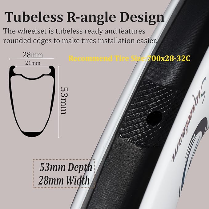 Superteam Carbon Wheelset Disc Brake 700c Road Bike Wheels 45/50/53mm Depth Tubeless Ready Cycling Wheels, for 8-12 Speed Center Lock / 6 Bolt, Thru Axle/QR Type