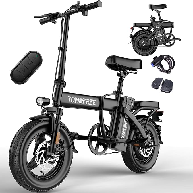 Tomofree Folding Electric Bike for Adults 20-24MPH Peak 750W EBike, 48V 20AH Removable Battery for Electric Bicycles, 40Miles Max Range, 10 Shock Absorbers, 14'' Fat Tire Foldable E-Bike, PAS E Bike