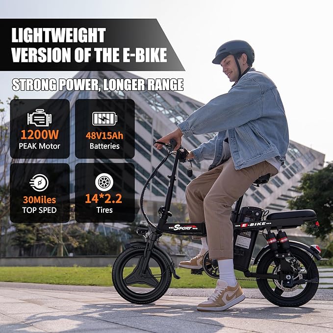 Electric Bike for Adults Teens, 1200W Peak Motor, 25MPH Folding E-Bike, 480/720Wh Battery, 45 Miles Range, Advanced 6/8 Point Suspension, 14" Compact Electric Bicycle with Pedals for Commuting