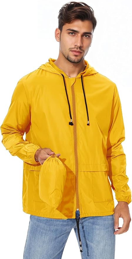 Zando Packable Mens Rain Jacket Lightweight Raincoat Waterproof with Hood Outdoor Windbreaker Jacket Travel Rain Jackets