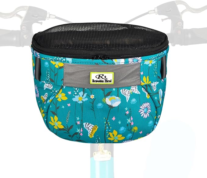 Kids Bike Basket,Durable Front Frame Bicycle & Scooter Basket Bag,Waterproof Fabric Bicycle Handlebar Bag for Boys, Girls, Toddlers with Zipper Mesh Lip (Light Blue Flower)