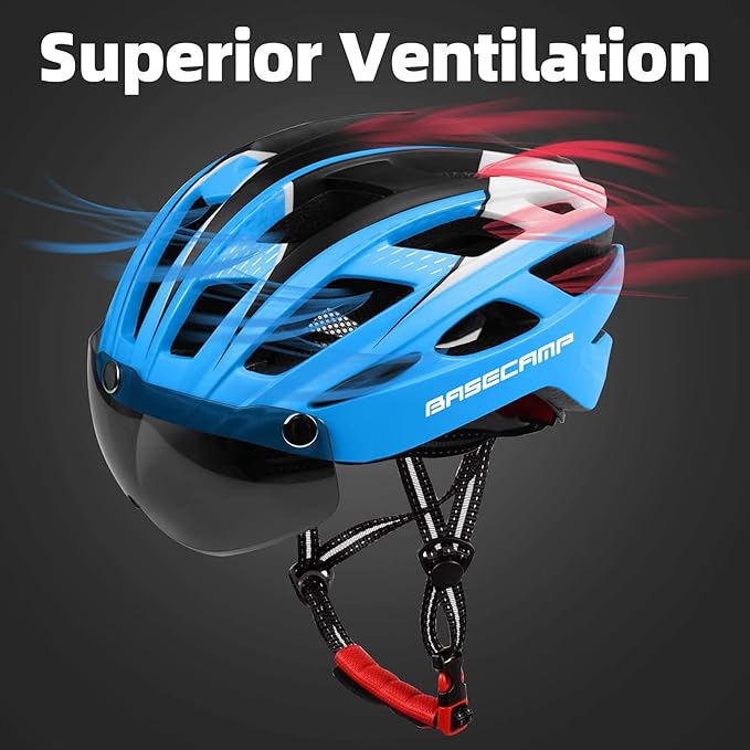 Bike Helmet, Basecamp Bicycle Helmet with Rear Light & Detachable Magnetic Goggles Lightweight Cycling Helmet Adjustable for Adult Men Women Mountain & Road (BC-069)
