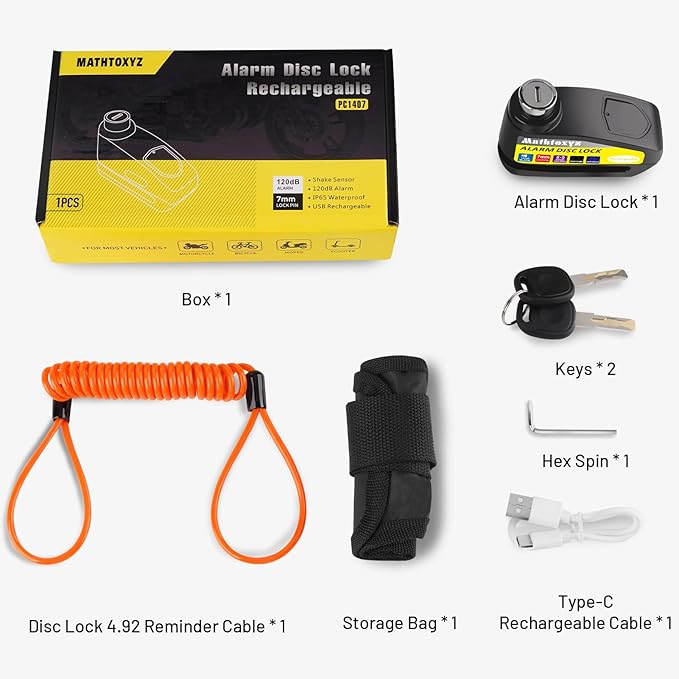 Motorcycle Lock Rechargeable, 120dB Alarm Disc Brake Locks Anti-Theft Security Wheel Disc Lock Waterproof with 5ft Reminder Cable and Carry Pouch for Motorbike Bike Scooter
