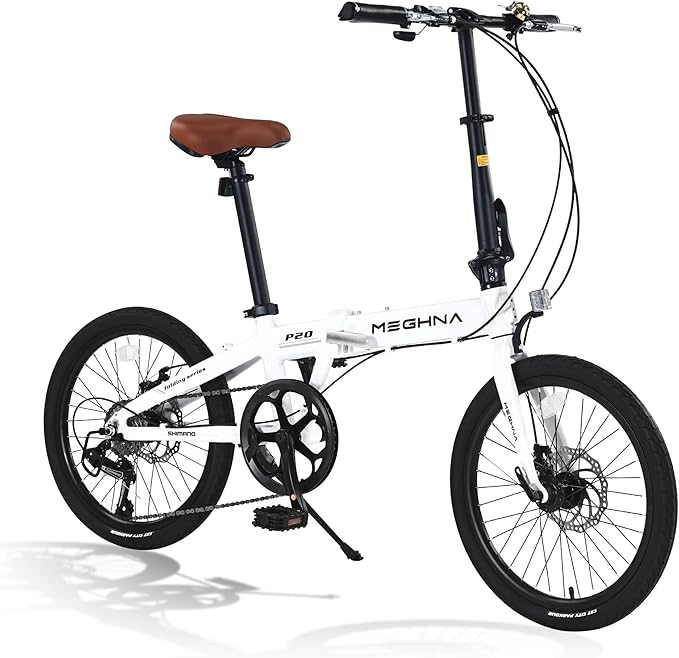 MEGHNA Folding Bike Aluminium Frame Lightweight 20inch Wheel 7 Speed Portable Foldable Bike Dual Disc Brakes Adjustable Height City Bike for Women Men Junior for Trip Commuting to Work