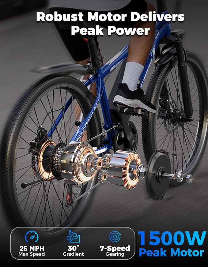 ASKGO Electric Bike for Adults, 1500W Peak Mountain Ebike with 25 MPH, 65 Miles Range, 7 Speeds, 48V 10.4Ah Removable Battery Ebike, 26" Electric Bicycle for Commute