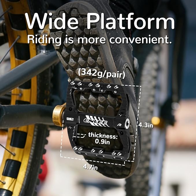 ENLEE Mountain Bike Pedals Flat, 3 Sealed Bearing Lightweight Aluminum Metal Bike Pedals 9/16", Waterproof MTB Pedals Flat with Removable Anti-Skid Nails for Adult Mountain Road BMX Bike