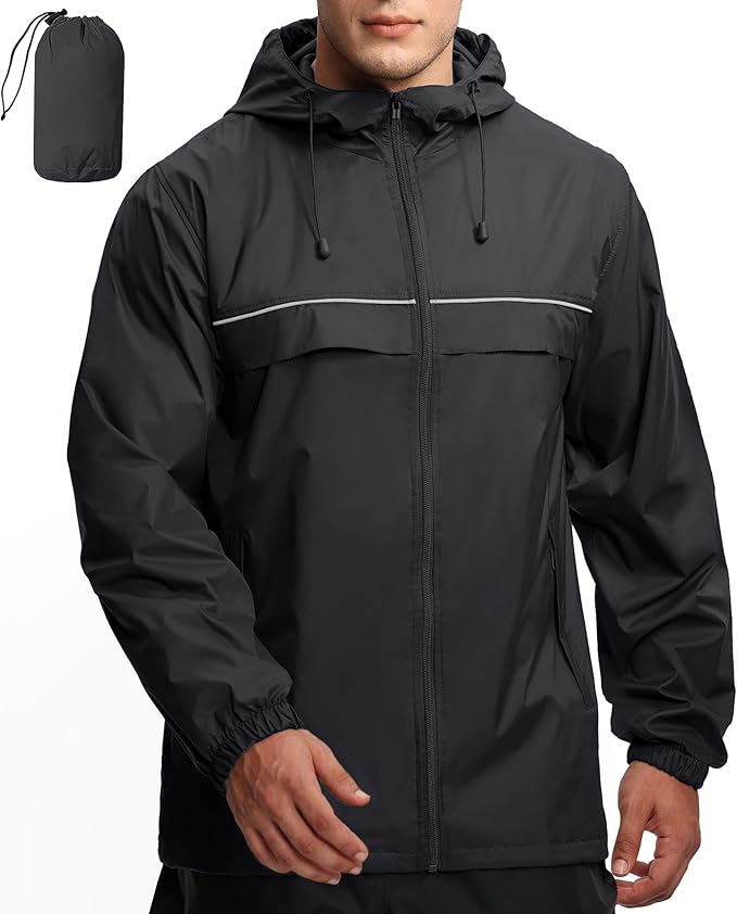 GEEK LIGHTING Rain Jacket Men Lightweight Waterproof Jackets Packable Windbreaker Hooded Raincoat for Golf Cycling Outdoor