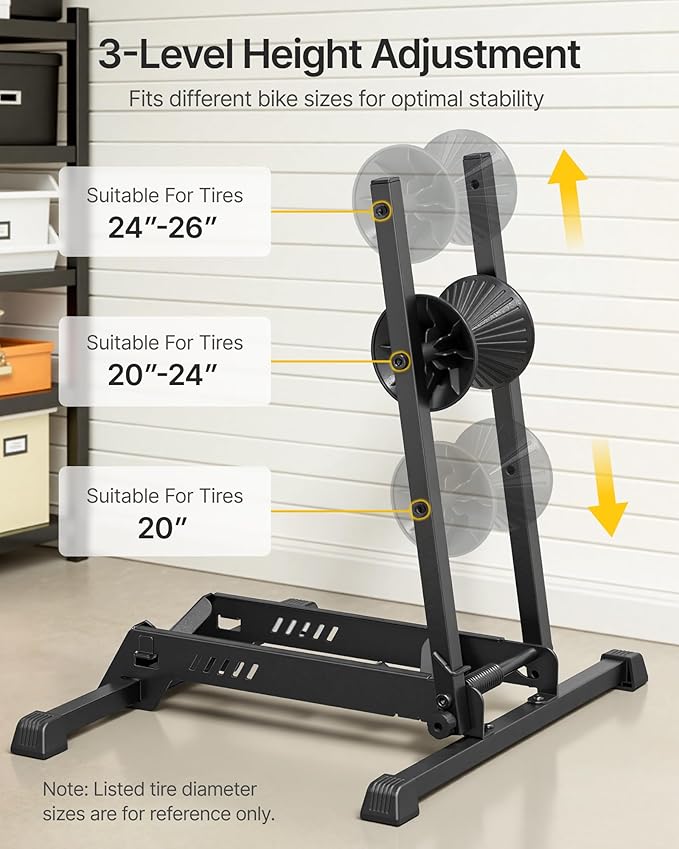 monTEK Heavy-Duty Bike Floor Stand for Max 4.5" Tire Width | 77lbs Capacity Dual-Arm Foldable Bicycle Storage Rack | 3-Level Height Adjustable | Fit 20"-26" Wheels for Road, Mountain & Fat Bikes