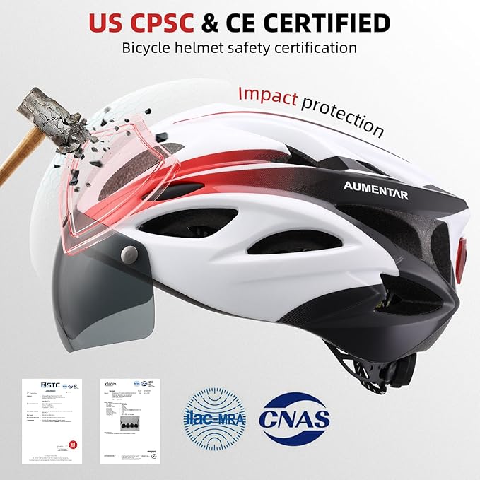 Adult Bike Helmet, Bicycle Helmet with Rear LED Light & Detachable Magnetic Goggles,Cycling Helmet Adjustable for Men Women Mountain & Road