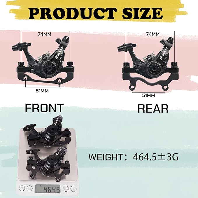 BUCKLOS Mountain Bike Mechanical Disc Brake Caliper with Adapter, MTB Dual Piston Line Pulling Brakes Aluminum Alloy Calipers Front +Rear with Brake Pads for Road Bike, Mountain Bike