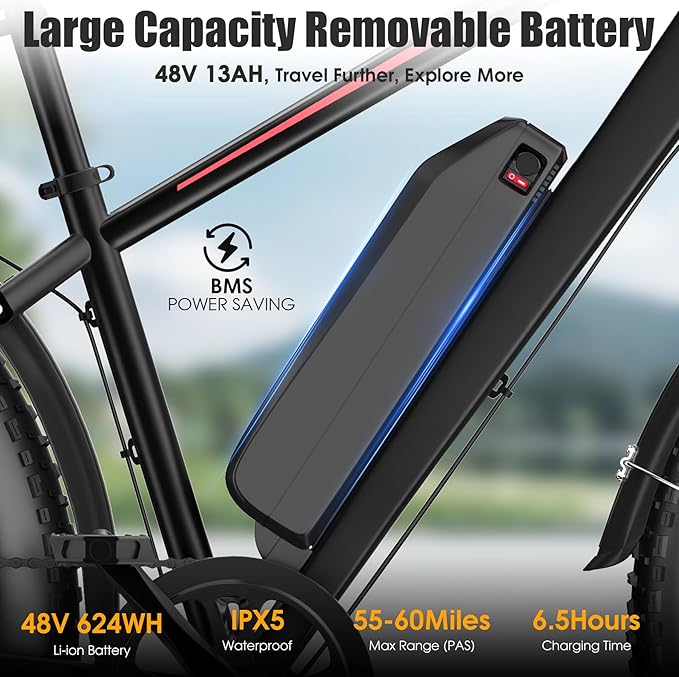 Electric Bike for Adults, 1000W Peak 25MPH 60Miles Ebike,48V 13AH Battery Electric Mountain Bike, 26" x 4'' Fat Tire Electric Bicycle with Rear Rack, Fenders, 7 Speed, UL 2849 Certified