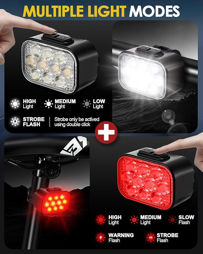 Victoper 10 LED Bike Light, 8+9 Modes USB Rechargeable Bicycle Lite, High Lumens Super Bright Bike Headlight & Taillight Set, Waterproof Safety Bike Front & Rearlight for Road, Night Riding