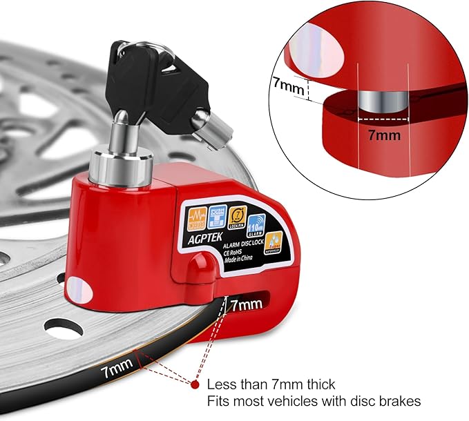 AGPTEK 110dB Motorcycle Brake Lock with 5FT Reminder Cable, Anti-Theft Padlock Waterproof with Lock Pin Carrying Bag for Motorcycle Bike Scooter