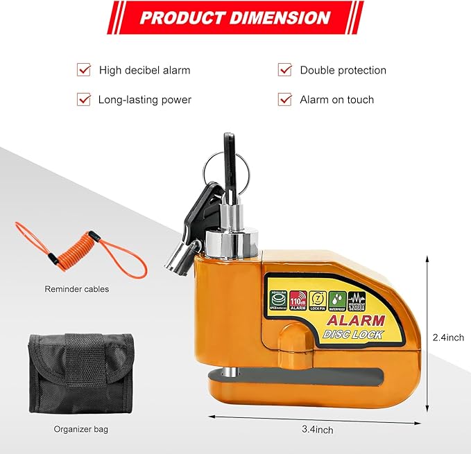 Alarm Disc Lock Set, 110dB Alarm Sound Anti-Theft Security Brake Padlock with 5ft Reminder Cable, Waterproof Battery Powered Disc Brake Lock for Motorcycle Bicycle Scooter (Orange)