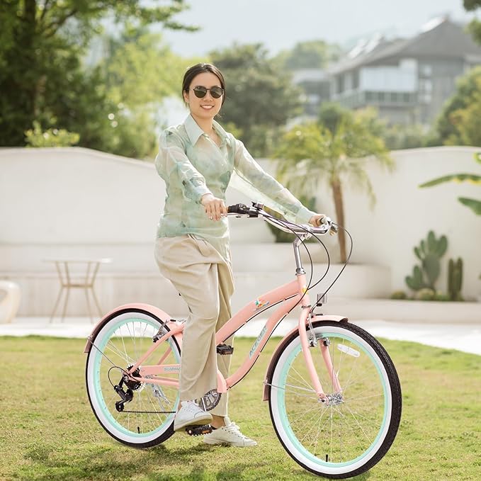 ACEGER Girls Beach Cruiser Bike for Kids 5-13 Years Old, 16" 18" 20" 24" Single Speed Kids Bicycle Included Coaster Brake, Front and Rear Reflectors, 24" 7 Speeds with Dual Brakes