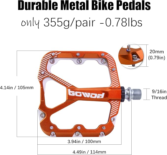 Bike Pedals Mountain Bike Adult, Light MTB Flat Pedals Grippy w 20pcs Non-Slip Studs, Glass Fiber Nylon Composite Platform Pedals w Cr-Mo Axel, 9/16" BMX Road Cruiser Gravel Bicycle Pedals
