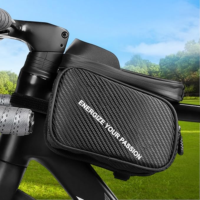 Portable Bag Bike, Waterproof Touchscreen Phone Holder, 8 Inches Road Bike Top Tube Pouch with Zipper, Polyester Cycling Storage with Reflective Strips, Electric Scooter Gear Organizer Easy Access